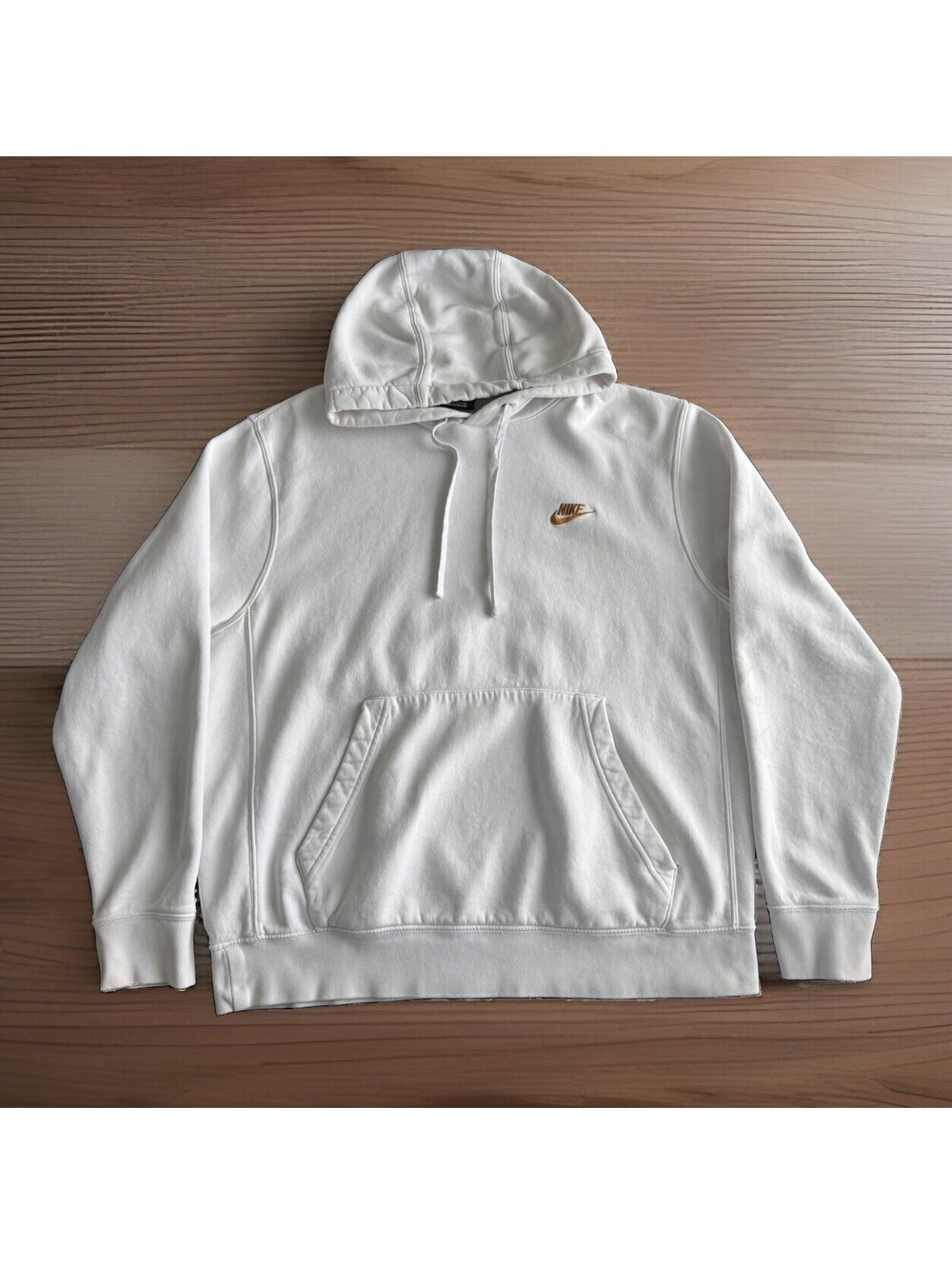 Nike Men's Size Large White Club Fleece Pullover Hoodie Gold Embroidered Swoosh